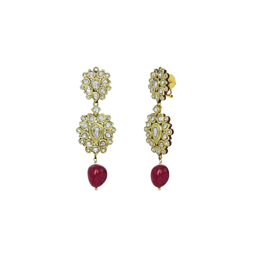 Dual Floral Polki Earrings with Tourmaline Drops
